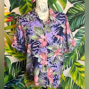 Vintage Kathy Che 12 Purple Pink 80s Iridescent Button Down Girlie Tropical Top